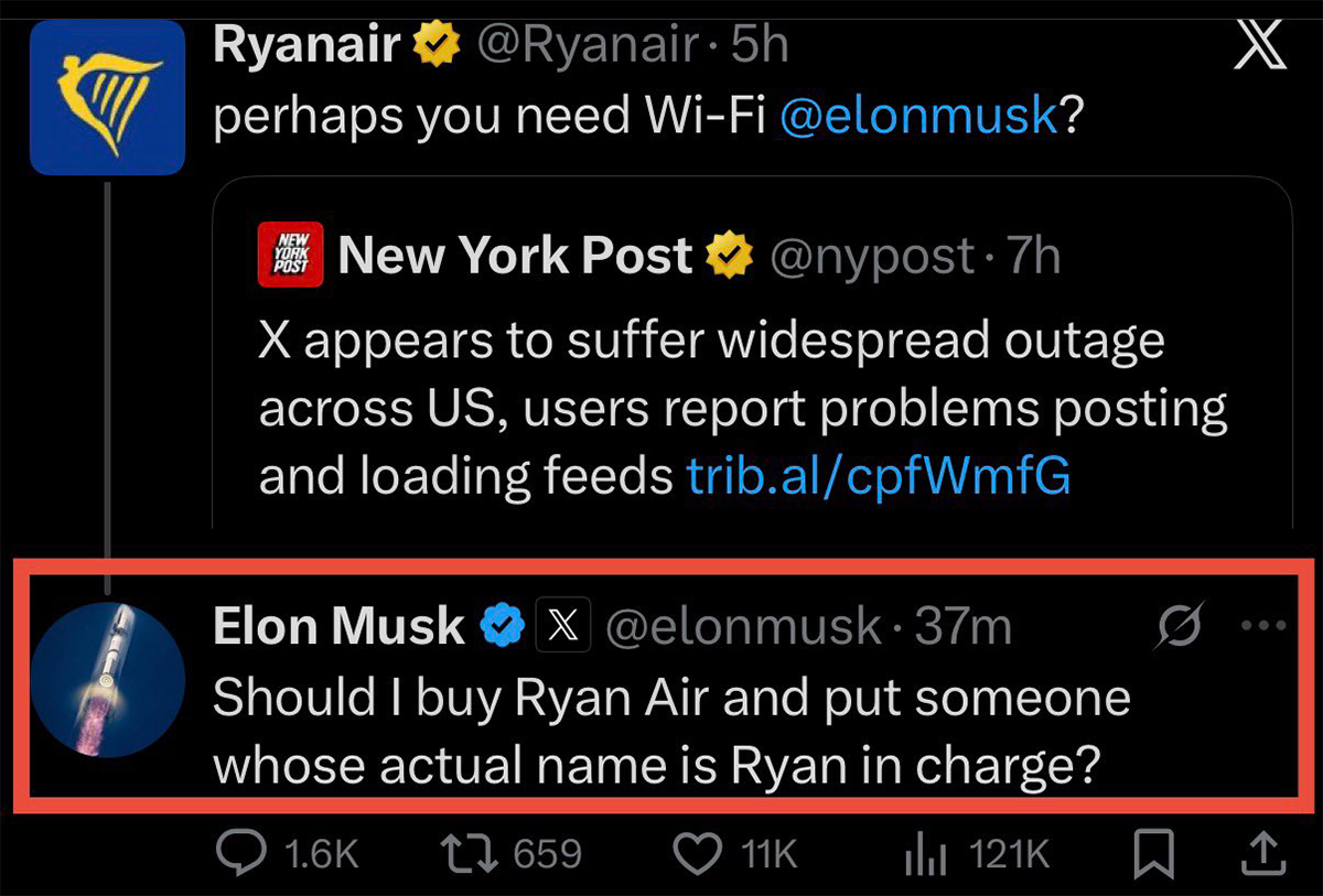 머스크, 라이언에어 스타링크 배제에 반발···  인수 발언 나와